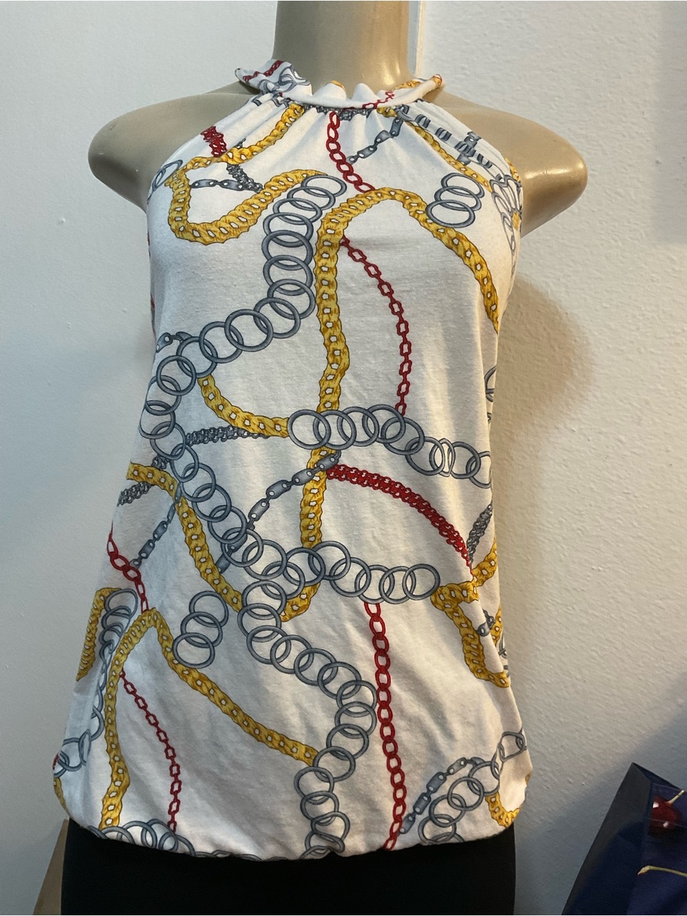 Forever 21 women’s Y2K white Halter Top with Yellow, Red, Gray chains size S